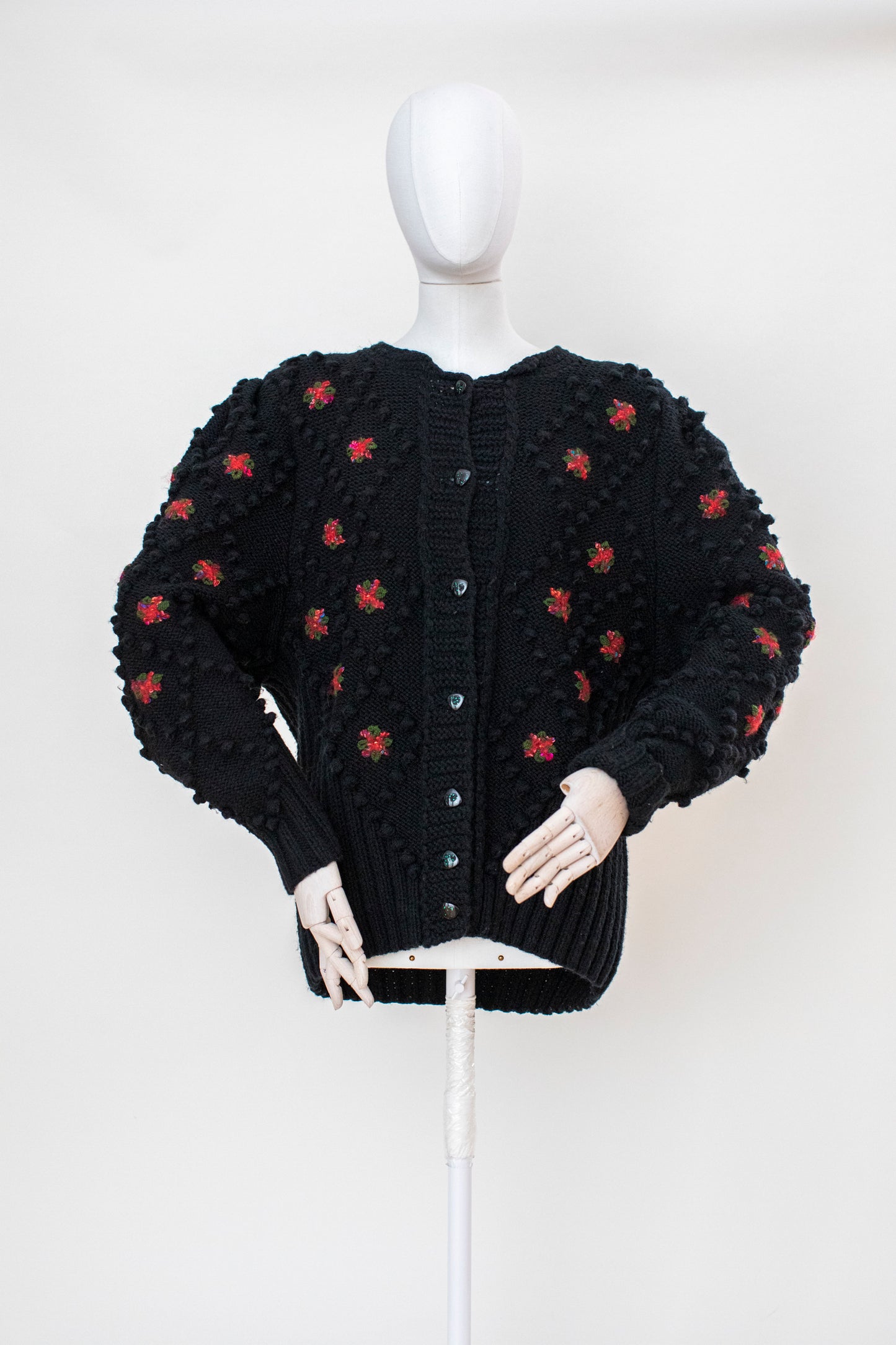 Vintage Black Hand Knitted Austrian Cardigan with 3D Pom Pom Embroidery Size L-XL