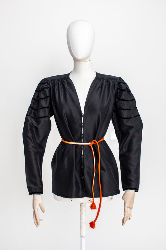 1980s Vintage Black Silk Blouse with Pad Shoulders Size S-M