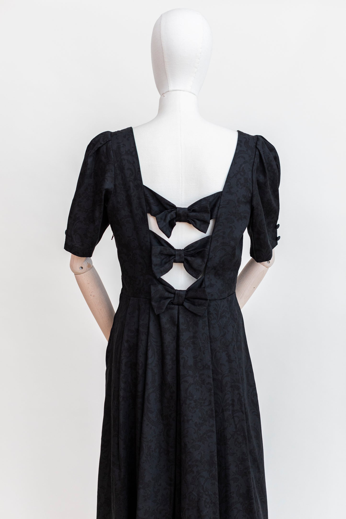 1990s Vintage Laura Ashley Black Open Back Dress