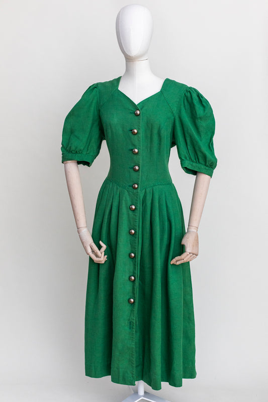 Vintage Austrian Green Linen Dress with Metal Buttons - Size S/M