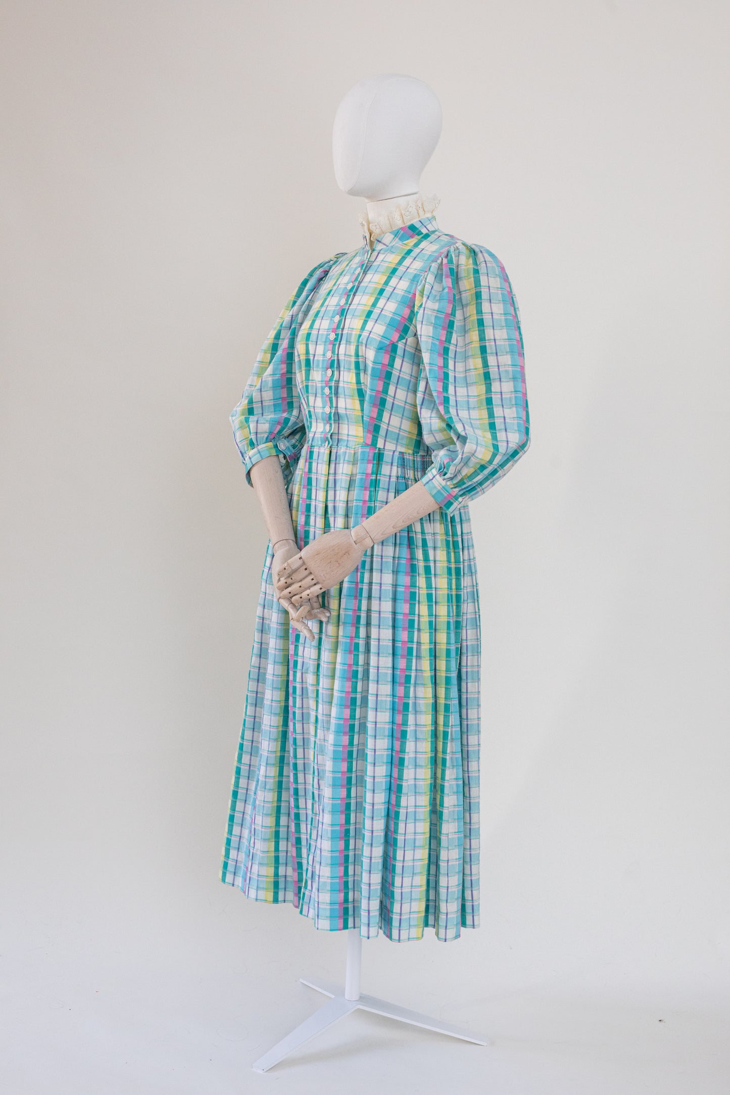 1990's Vintage Austrian Green Pastel Plaid Dress - Size S