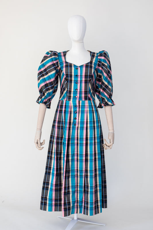1970's Vintage Austrian Apron Blue Silk Dress - Size S