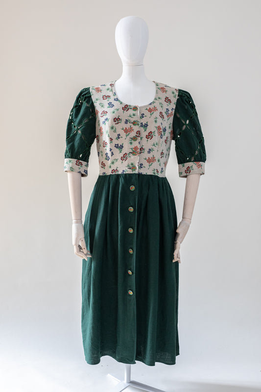 1980's Vintage Austrian Green Linen Tapestry Dress Size M-L