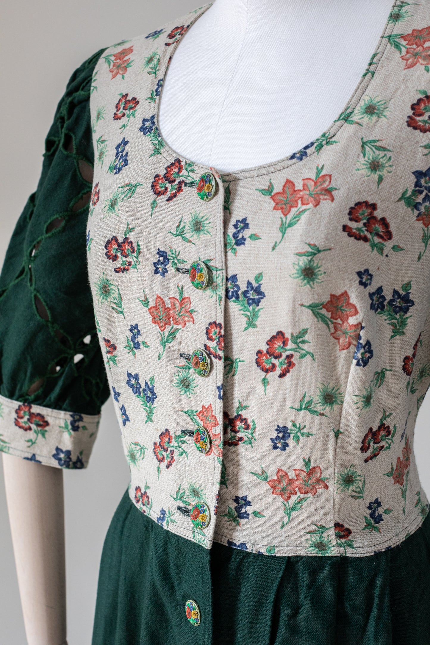 1980's Vintage Austrian Green Linen Tapestry Dress Size M-L