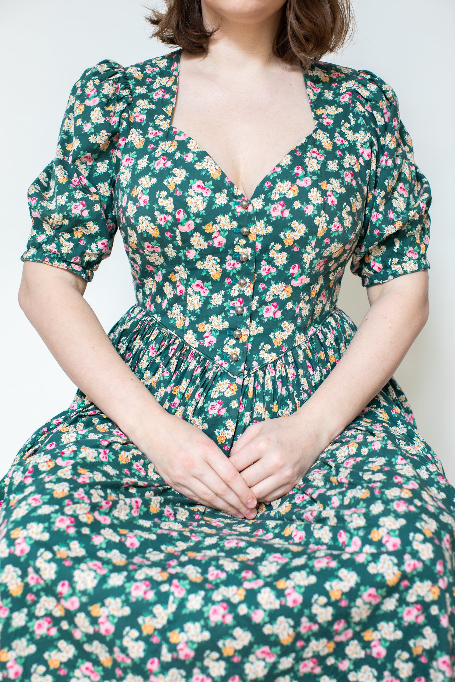 1980's Vintage Green Floral Dress - Size S/M