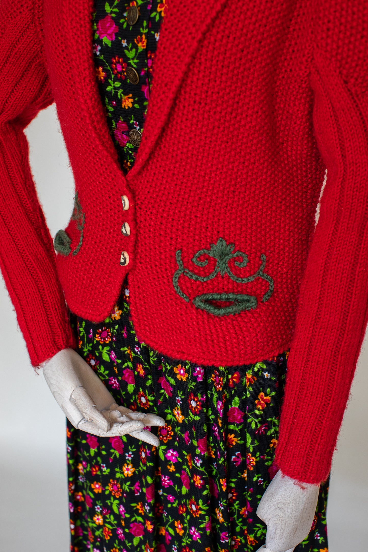 Vintage Red Hand Knitted Austrian Cardigan with a Green Trim Size S-M