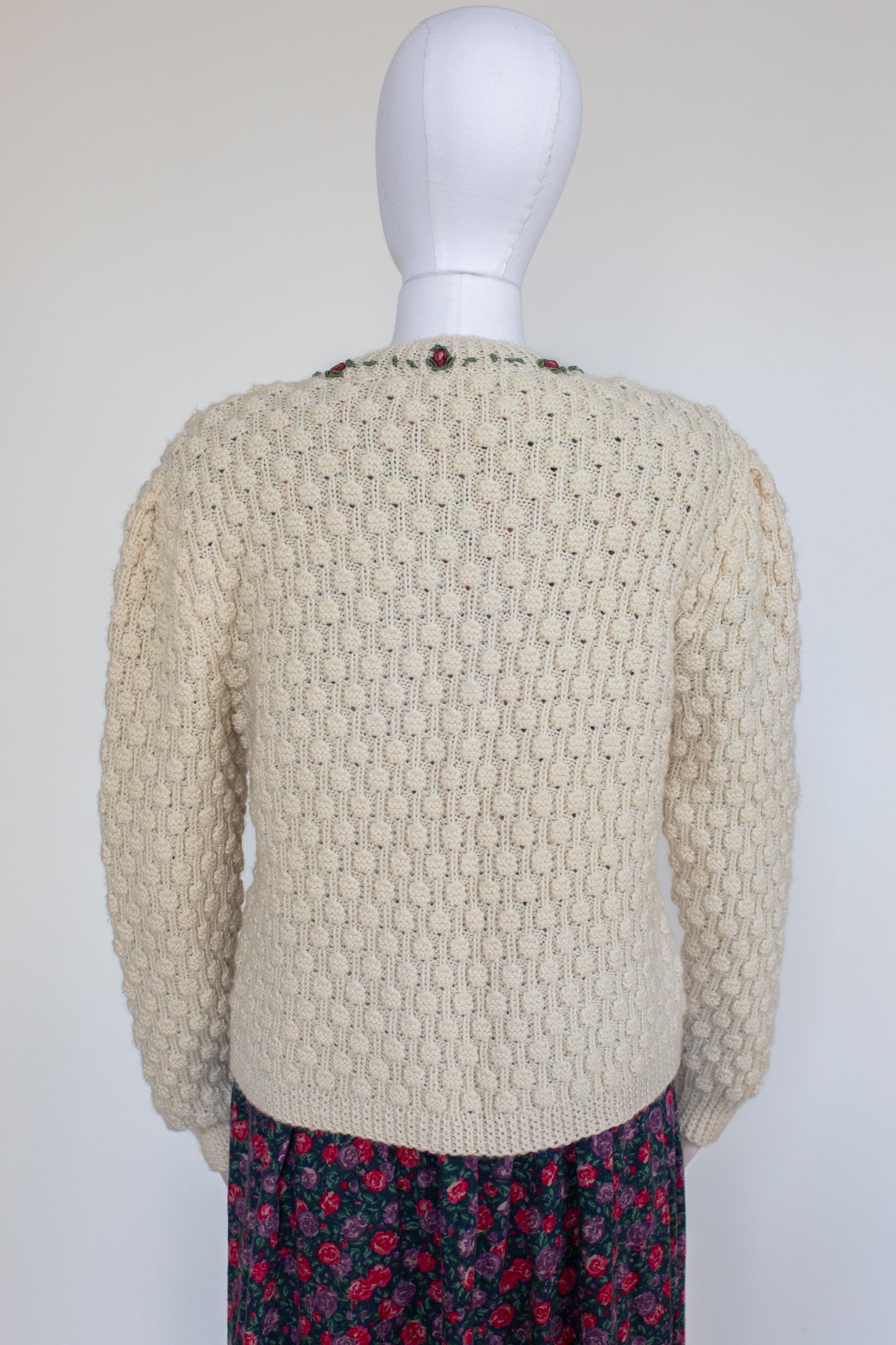 Vintage Beige Hand Knitted Austrian Cardigan with Floral Embroidery Size M/L