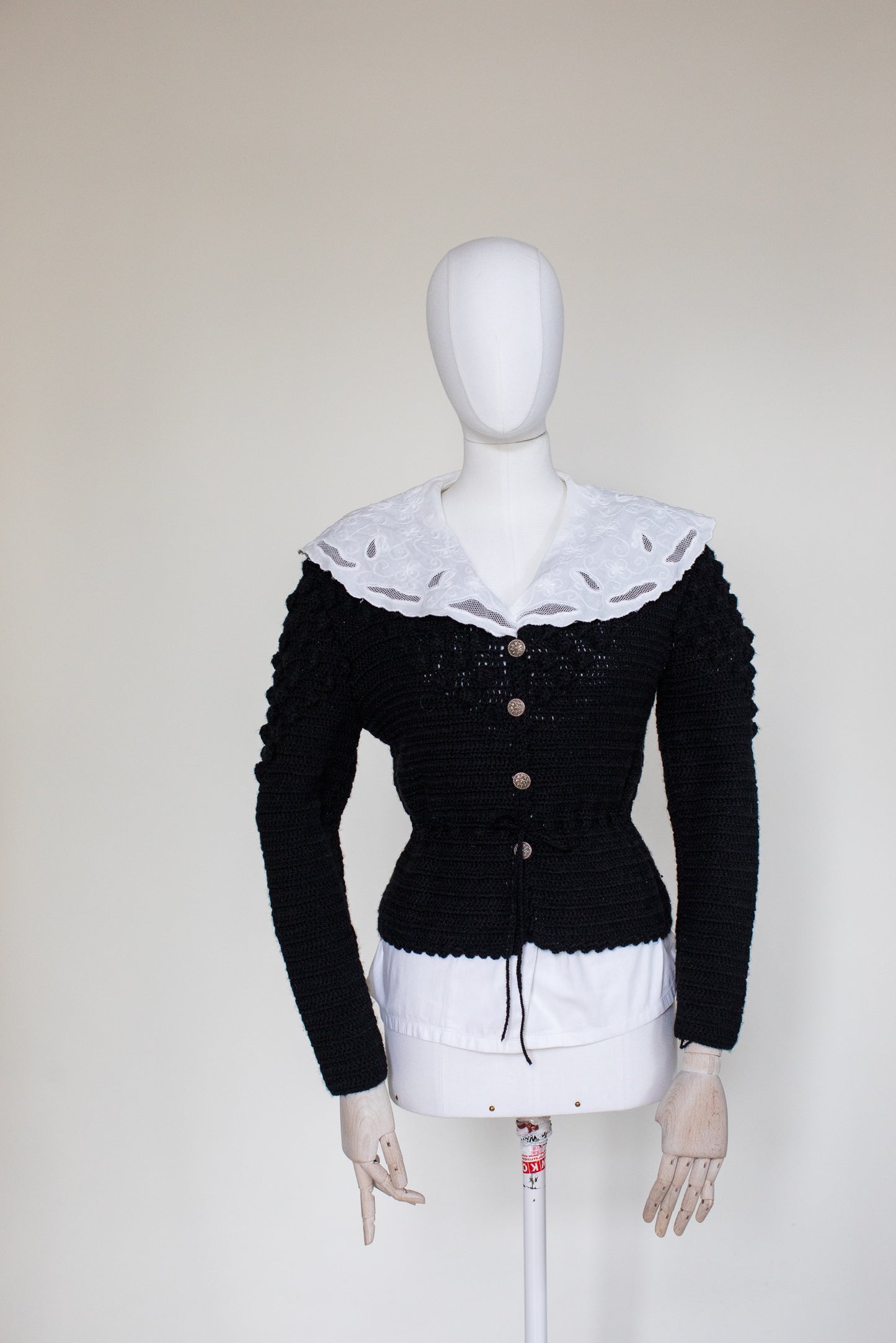 Vintage Black Hand Knitted Austrian Cardigan with 3D Pom Pom Embroidery Size XS-S