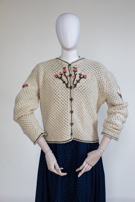 Vintage Beige Hand Knitted Austrian Cardigan with Roses Embroidery Size M