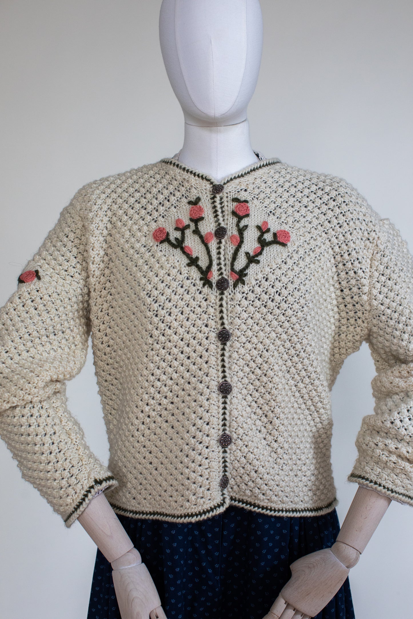 Vintage Beige Hand Knitted Austrian Cardigan with Roses Embroidery Size M