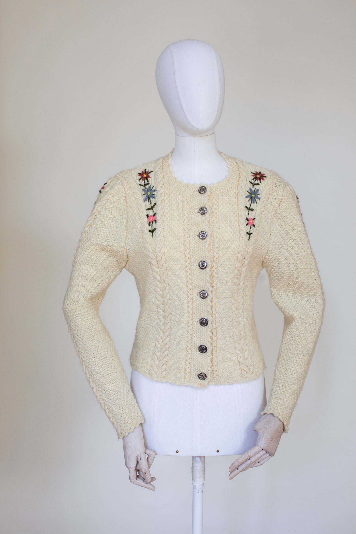 Vintage Beige Hand Knitted Austrian Cardigan with Floral Embroidery Size XS-S