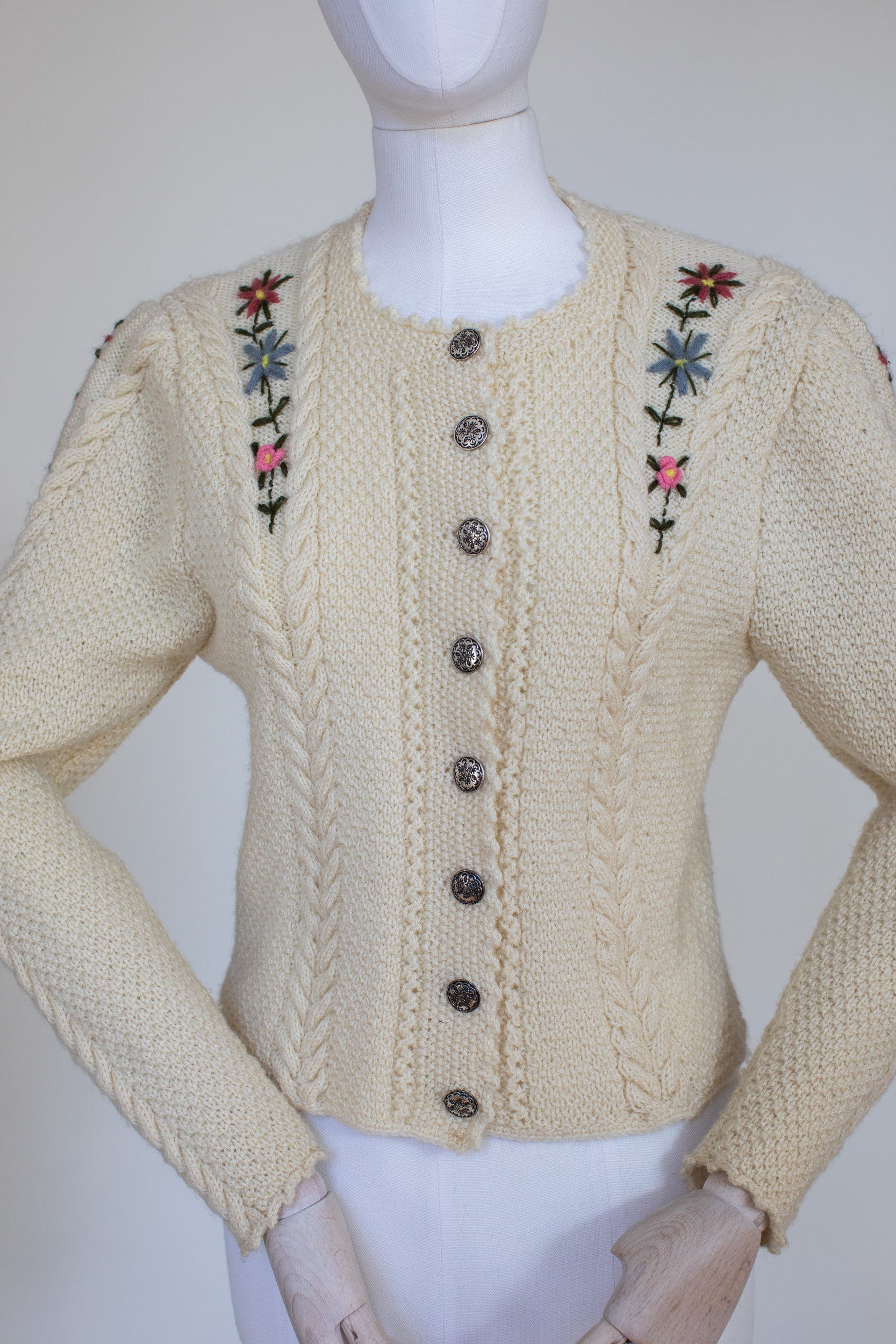 Vintage Beige Hand Knitted Austrian Cardigan with Floral