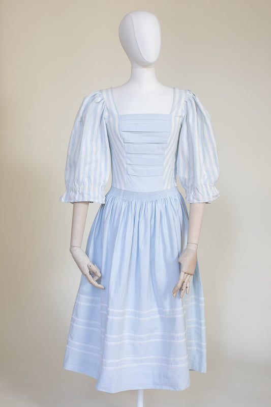 1990's Vintage Sportalm Blue Cotton Dress with Lace and Frills  - Size XS