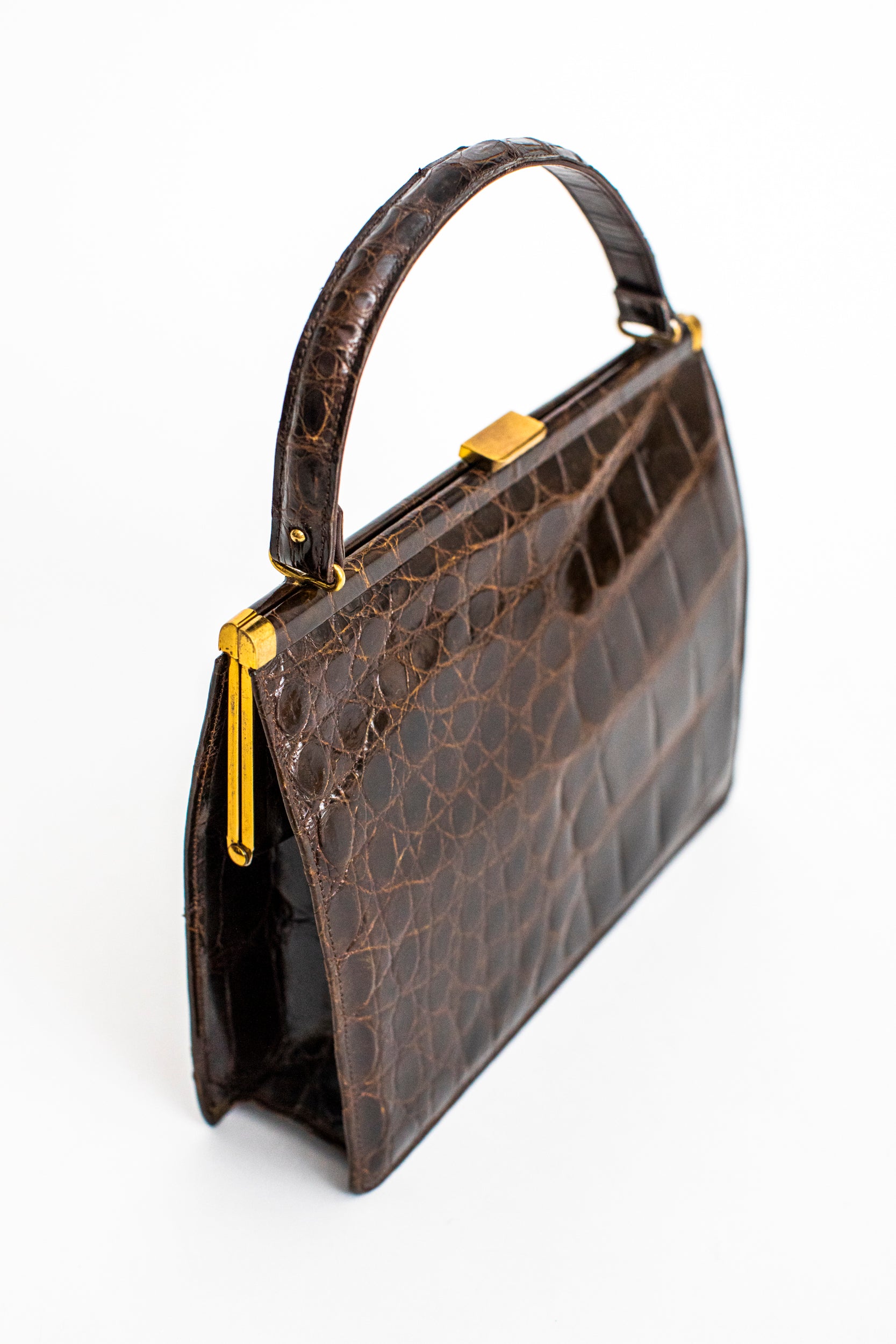 Tobacco color crocodile skin handbag with double handle – Vintage Carwen