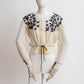 Vintage Beige Austrian Cardigan with Black Floral Embroidery Size S-M