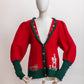 Vintage Red Austrian Cardigan with 3D Countryside Cottagecore Embroidery Size M-L